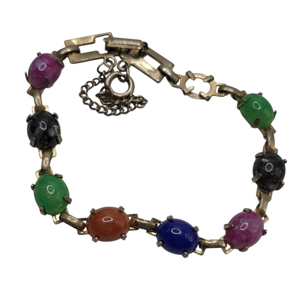 Vintage Multi Color Cabochon Link Bracelet Safety Chain
